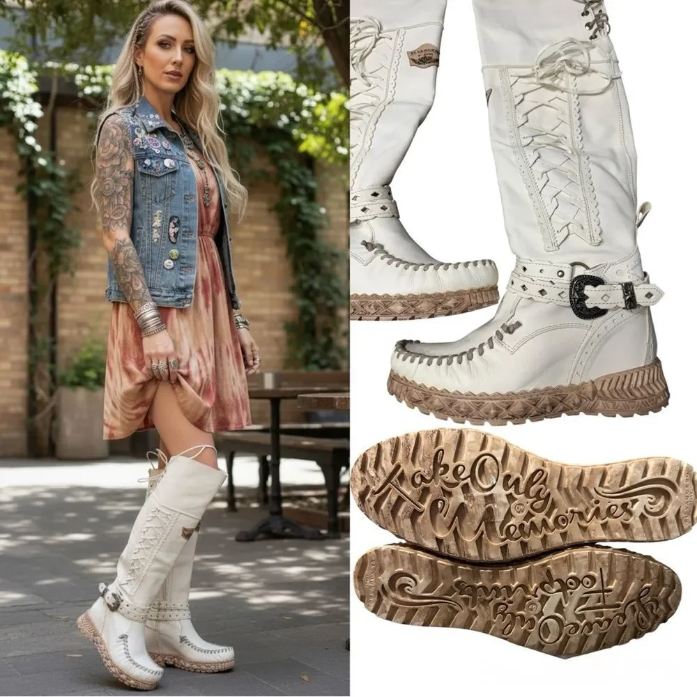 El Vaquero Italy Artemide Camel Blanche Wedge Moccasin Boots Size 40 NIB